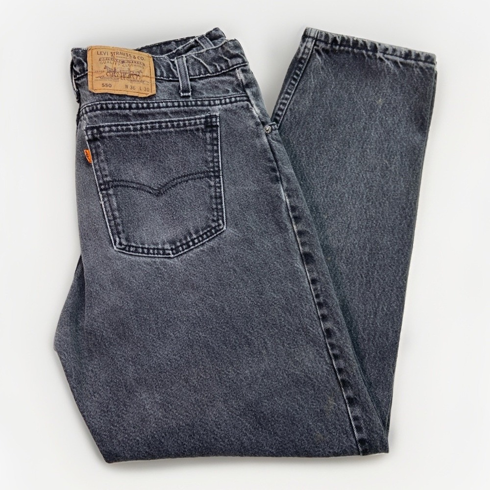 Levis 550 Jeans Mens 36 x 30 Relaxed Fit Black Denim Orange Tab Distressed VTG